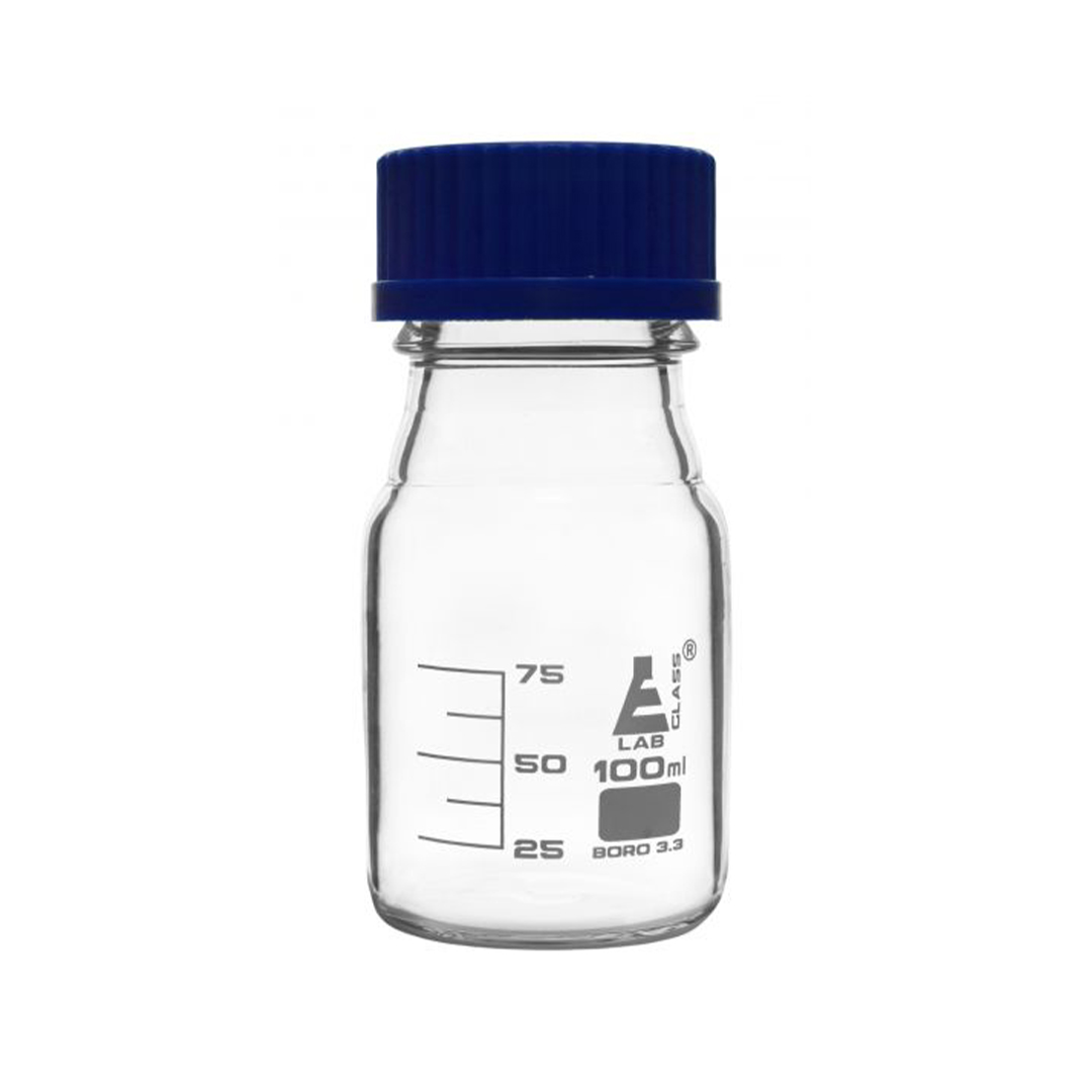 Reagent Bottle, 100ml - Transparent with Blue Screw Cap - White Graduations - Borosilicate 3.3 Glass - Eisco Labs