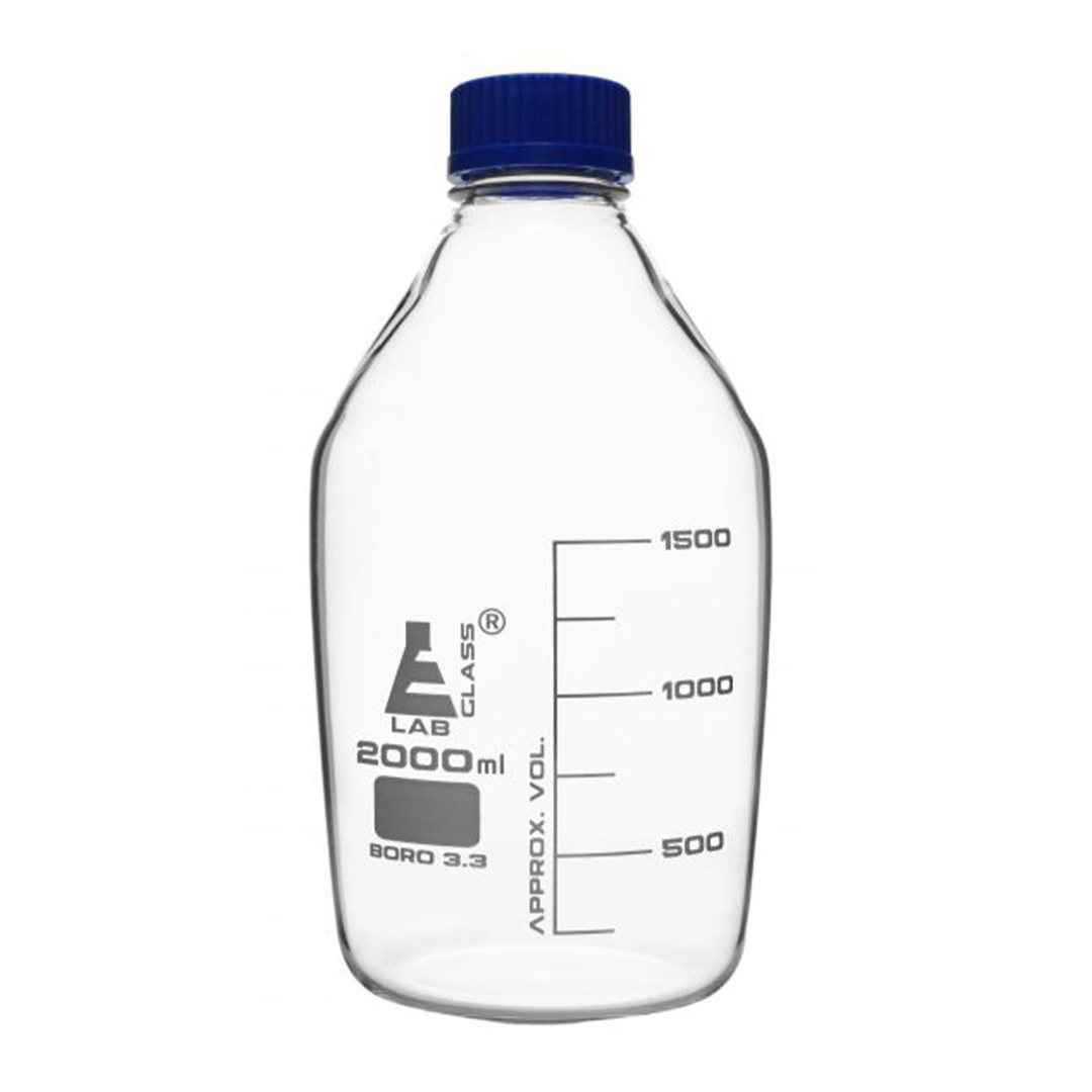 Reagent Bottle, 2000ml - Transparent with Blue Screw Cap - White Graduations - Borosilicate 3.3 Glass - Eisco Labs