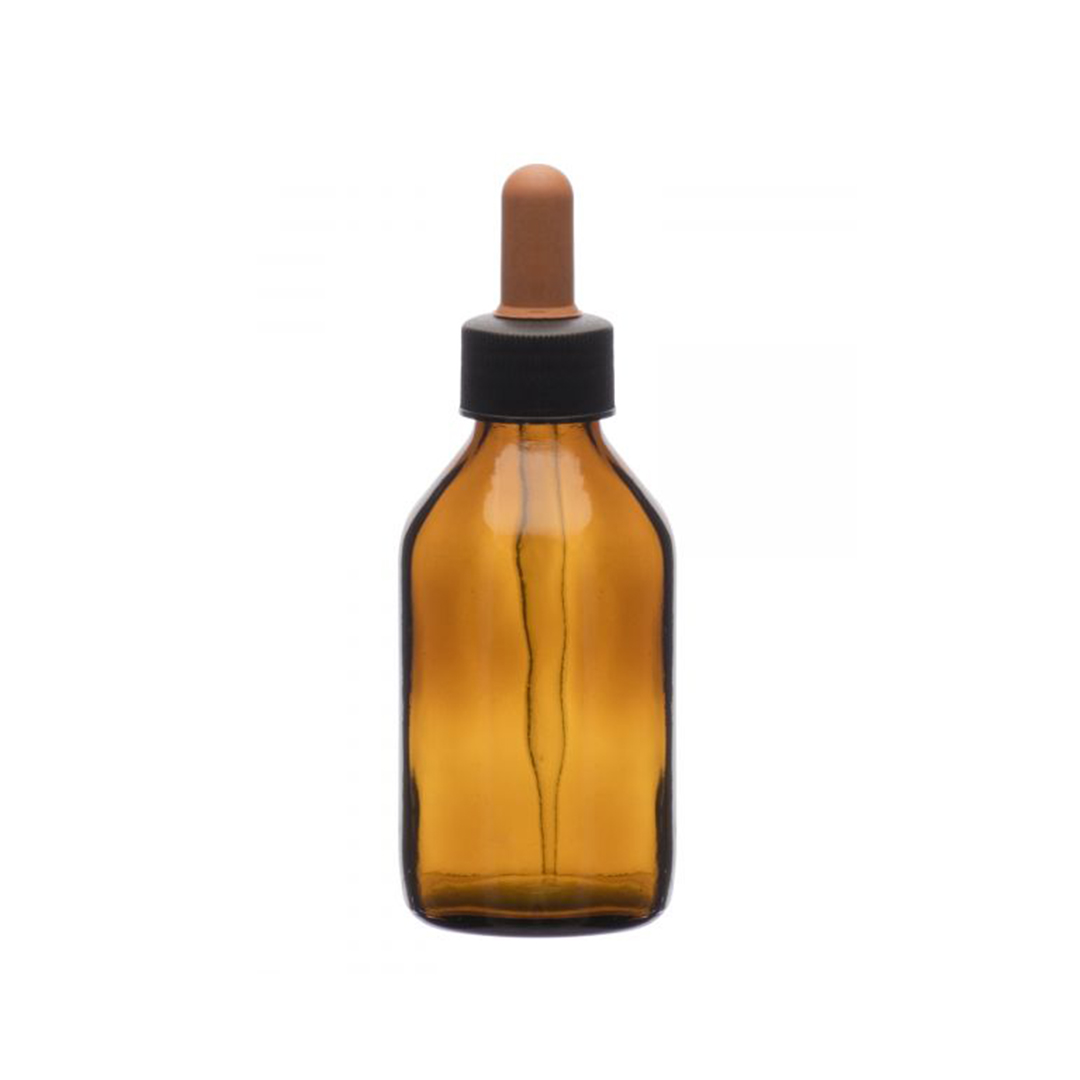 Dropping Bottle, 100ml (3.3oz) - Amber Soda Glass - Screw Cap with Amber Glass Dropper & Rubber Bulb - Eisco Labs