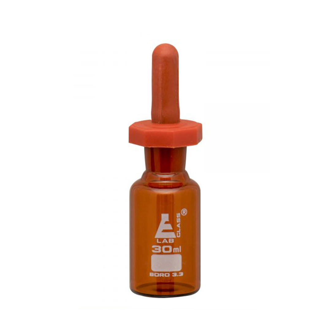 Dropping Bottle, 30ml (1oz) - Amber Borosilicate 3.3 Glass - Eye Dropper Pipette and Dust Proof Rubber Bulb - Octagonal, Non-screw Top - Eisco Labs