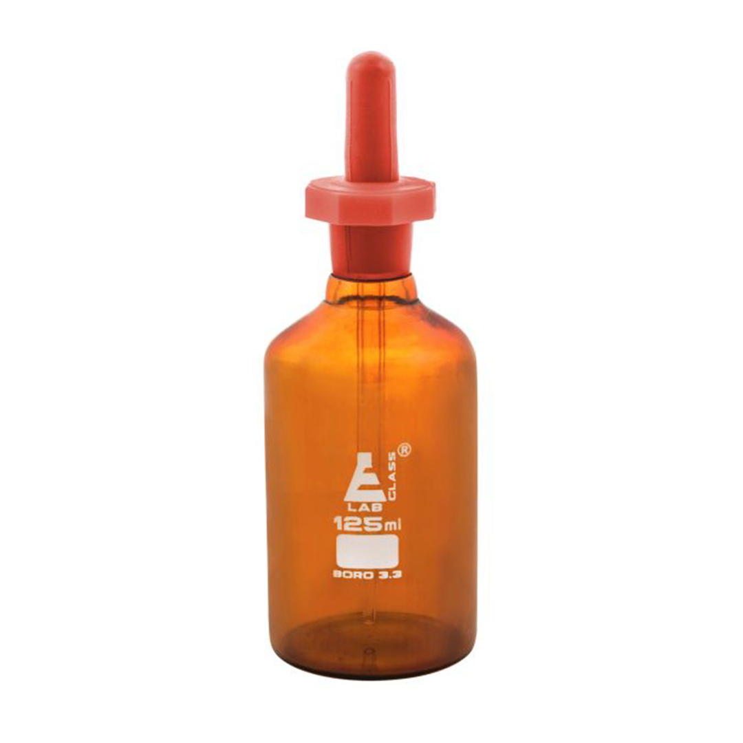 Dropping Bottle, 125ml (4.2oz) - Amber Borosilicate 3.3 Glass - Eye Dropper Pipette and Dust Proof Rubber Bulb - Octagonal, Non-screw Top - Eisco Labs