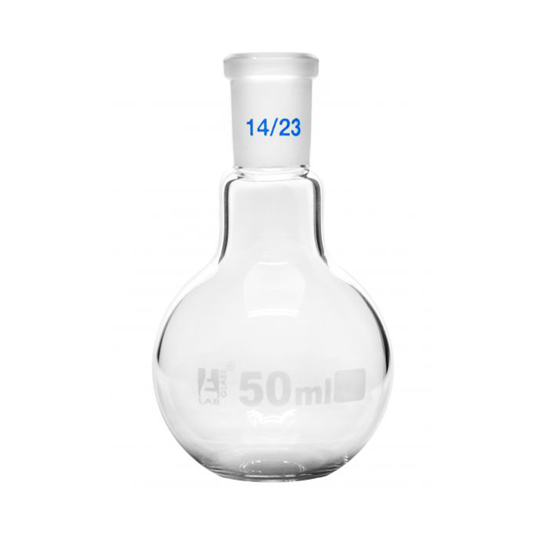 Florence Boiling Flask, 50ml - 14/23 Joint, Interchangeable - Borosilicate Glass - Flat Bottom, Short Neck - Eisco Labs