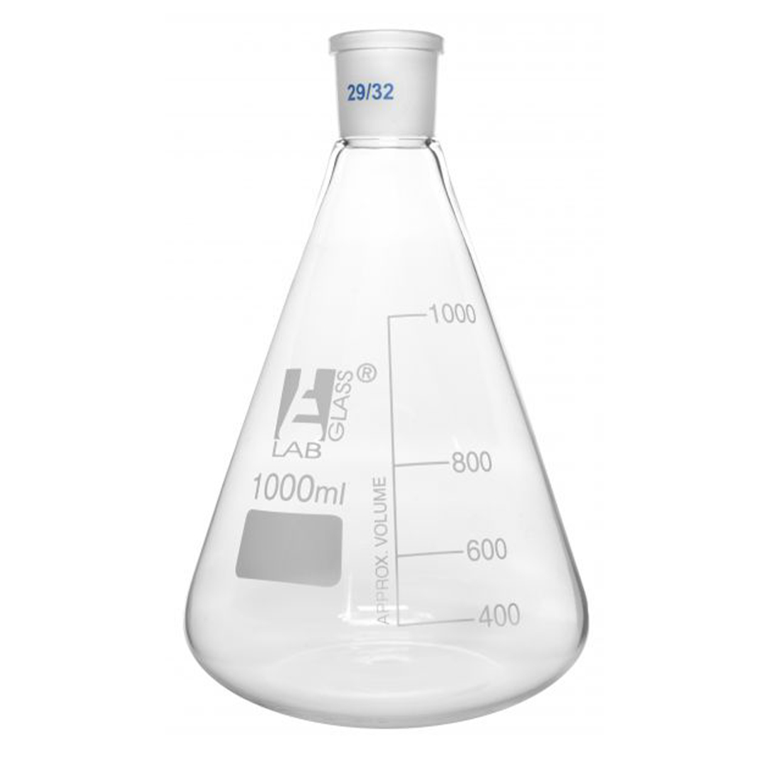Erlenmeyer Flask, 1000ml - 29/32 Joint, Interchangeable - Borosilicate Glass - Conical Shape, Narrow Neck - Eisco Labs