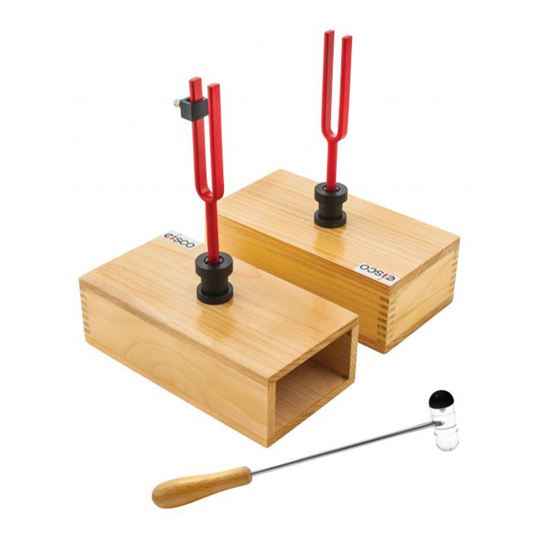 Resonant Tuning Forks Mounted on Pine Boxes, Set/2 - 440 Hz - Includes Tuning Mass & Mallet - Eisco Labs